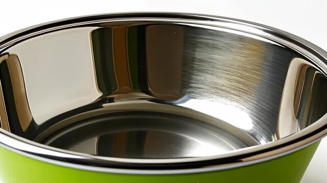 Stainless steel mixing bowl with a green exterior showing reflective surface and simple design