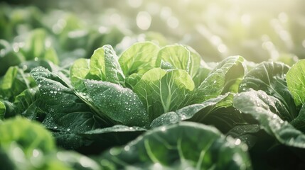 Fresh Green Leafy Vegetables with Morning Dew in Farm Fields
