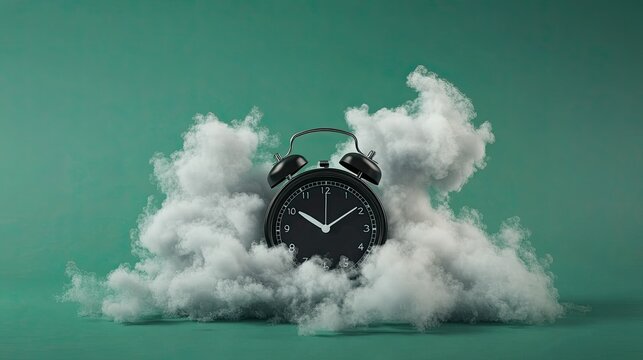 Classic black alarm clock with clouds floating nearby, set against a vivid green background. Dreamlike minimalist composition.