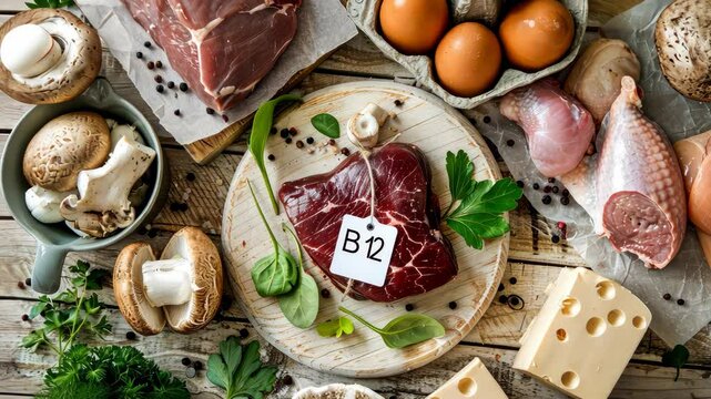 The products contain vitamin B12. Selective focus.