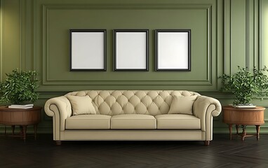 Elegant living room interior with beige tufted sofa, olive green walls, and three blank frames.