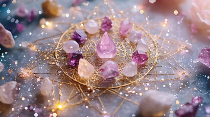 beautiful crystal grid made of various gemstones arranged on spiritual mat, radiating energy and light