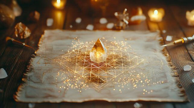 crystal grid arrangement on spiritual mat, featuring golden crystal surrounded by soft candlelight and sparkling energy