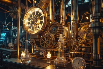 Fototapeta premium Golden Steampunk Laboratory with Intricate Contraptions and Equipment