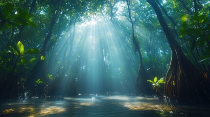 Obraz premium Sunbeams pierce misty mangrove forest.