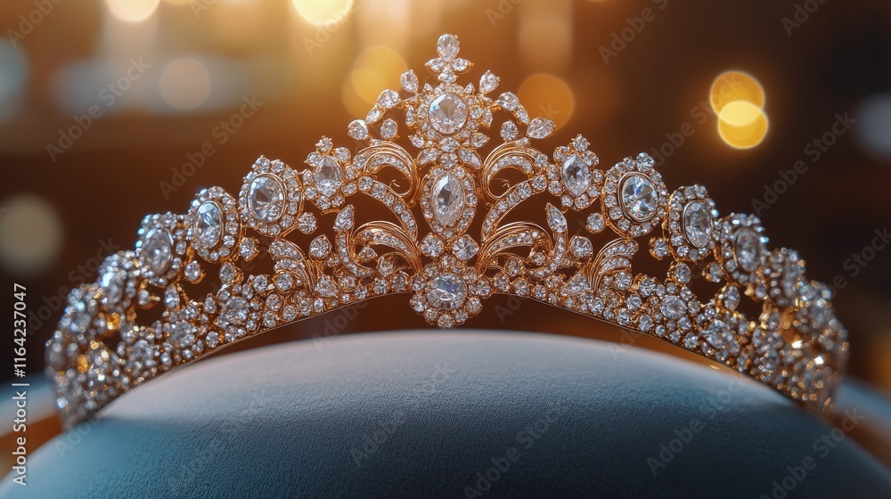 Aufkleber elegant tiara with intricate design displayed on a cushion during a gala event in the evening