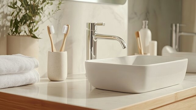 Close-up of bamboo toothbrushes in a ceramic holder, soft towels, and a modern sink on a sleek bathroom counter. Eco-friendly concept.