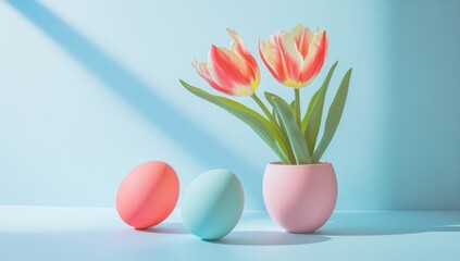 Colorful Easter Eggs and Fresh Tulips in Pastel Vases for Spring Celebration in Bright and Cheerful Setting