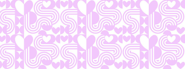 Valentine's day abstract geometric seamless pattern. Mosaic minimalist background, banner, template with simple shapes, hearts.