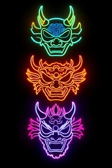 Three vibrant neon dragon masks, teal, orange, and purple, arranged vertically on a black background.
