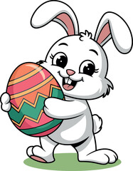 Naklejka premium Funny and super cute Easter bunny holding Easter egg with happy smile vector art