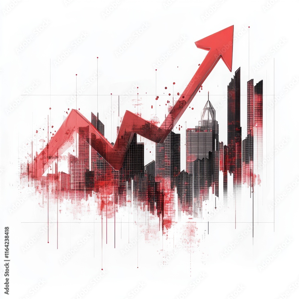 Poster dynamic growth graph over a stylized urban skyline, symbolizing progress and development.