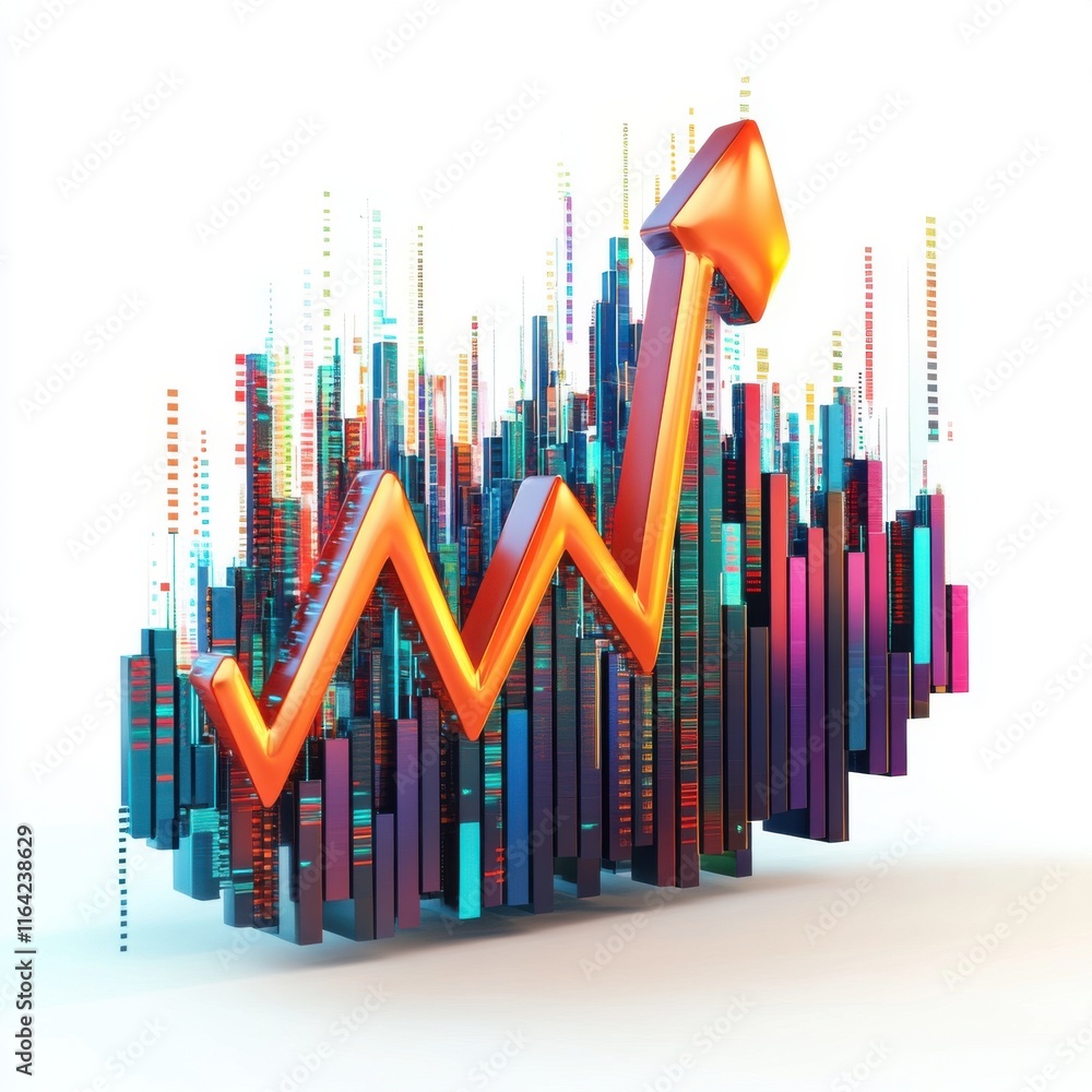 Poster dynamic 3d graph symbolizing growth, featuring vibrant colors and a soaring upward trend.