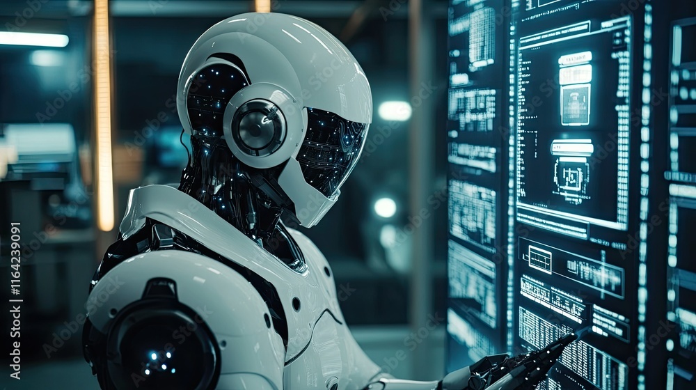 Poster concept of ai in business: a professional demonstrating ai-powered tools for analytics, efficiency, 