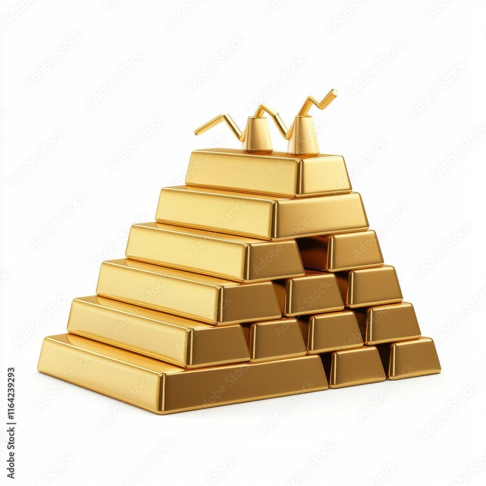 Poster a gleaming stack of gold bars arranged in a pyramid shape, symbolizing wealth and prosperity.