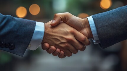 Close-up of two businessmen shaking hands, signifying a deal or agreement.
