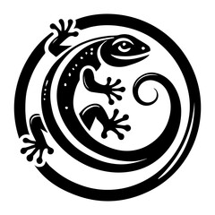Black and white vector salamander logo on a white background.