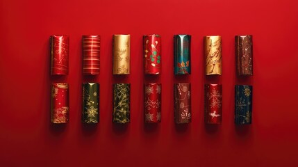A collection of colorful, festive party poppers arranged on a vibrant red background.