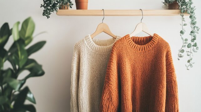 Cozy autumn sweaters hanging on a simple wooden rack beside potted plants. Clean and minimalist seasonal sale concept.