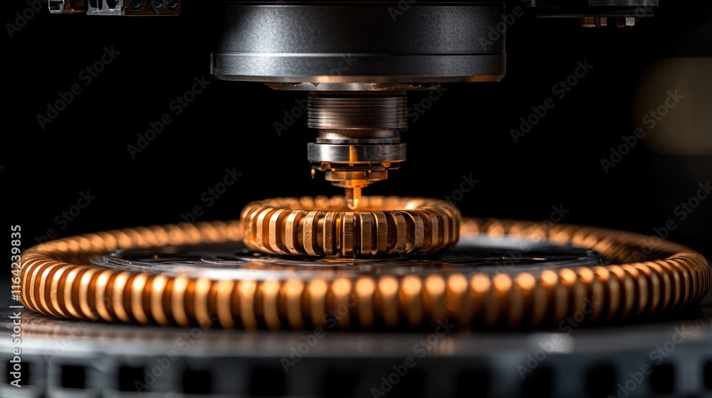 Poster precision machining: close-up of a cnc machine precisely milling a complex metallic gear system