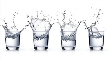 Four clear glasses filled with water showing dynamic splashes of liquid captured against a white background in a creative arrangement