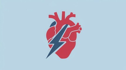 A simple flat design of a heart with a lightning bolt passing through it, symbolizing cardiac issues.