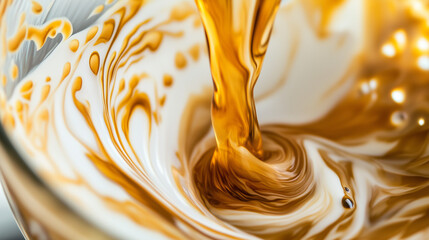 Ciepła kawa, nalewana do przezroczystej szklanki, tworzy piękne, mleczne wzory podczas mieszania.