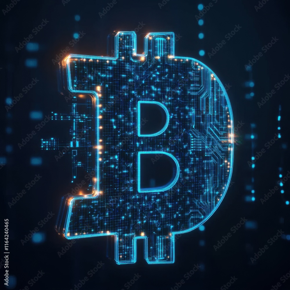 Poster digital representation of a bitcoin symbol with glowing circuitry, emphasizing cryptocurrency techno