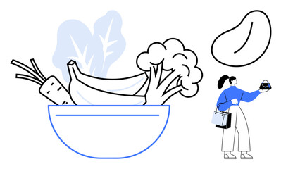 Woman holding a tomato while shopping, featuring a bowl with carrot, bananas, broccoli, and leaves. Ideal for healthy eating, shopping, agriculture, food choices lifestyle nutrition abstract line