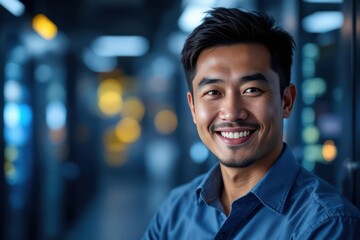 Close portrait of a smiling 40s Indonesian male IT worker looking at the camera, against dark server room blurred background.