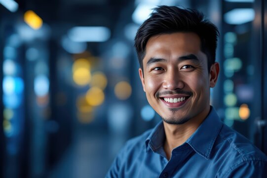 Close portrait of a smiling 40s Indonesian male IT worker looking at the camera, against dark server room blurred background.