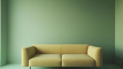 Minimalist Interior Design with Yellow Sofa in Soft Green Room