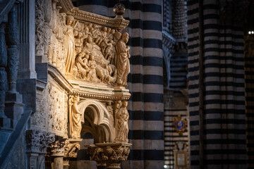 Detail of the pulpit inside the Siena Cathedral. Siena, Tuscany, Italy, Europe.