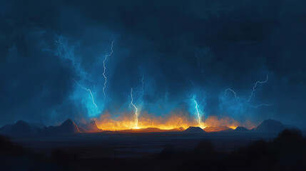 Potężna burza nad pustynią, z kilkoma uderzeniami piorunów jednocześnie przecinającymi czarne niebo.