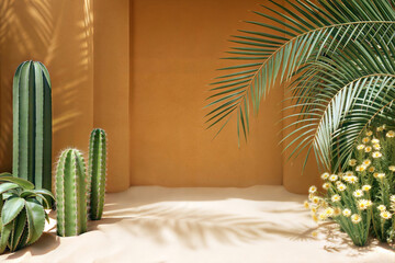 Beige plaster wall background with sand floor. Greenery cactuses around. Exotic atmosphere. Display room for placing product or model.