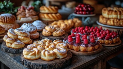 Selection of assorted pastries and desserts displayed on wooden boards in a rustic setting