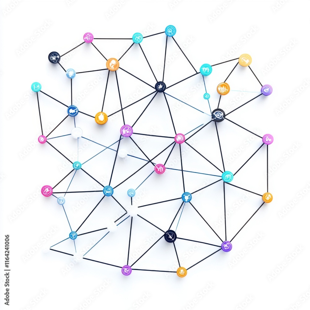 Poster colorful interconnected network symbols on a white background, representing communication and data e