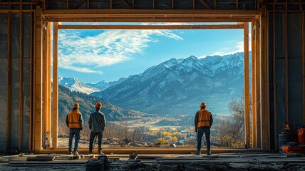 Three construction workers admire a stunning mountain view through a large open frame, showcasing nature's beauty against a backdrop of a clear sky.