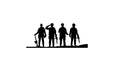 Black silhouette of american army soldier, veteran and military man with gun rifle or weapon isolated on white background.