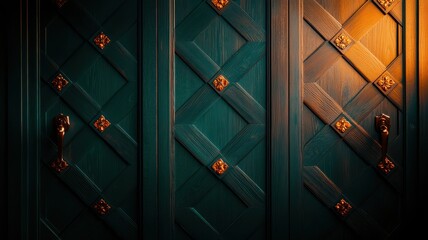 Obraz premium A richly textured teal door with diagonal patterns and ornate golden handles, illuminated by warm light, creating a striking visual contrast.