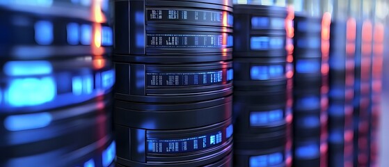 A row of servers with blue and red lights