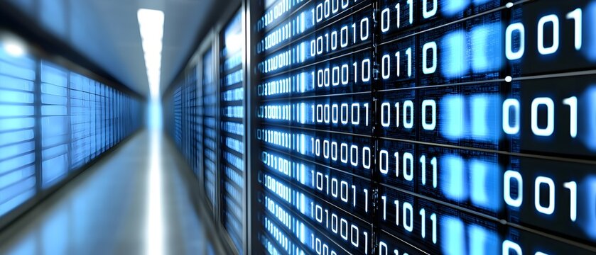 A row of servers with blue and red lights