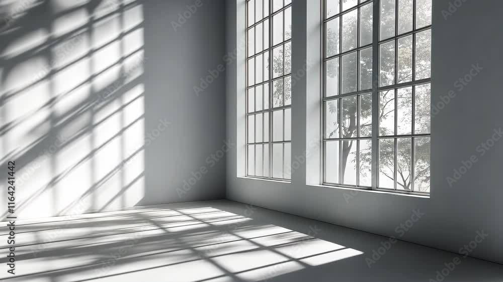 Poster large windows letting in sunlight to illuminate an empty white room with a tree outside, casting bea
