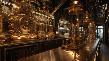 Detailed Steampunk Laboratory with Glowing Golden Gears and Mechanisms
