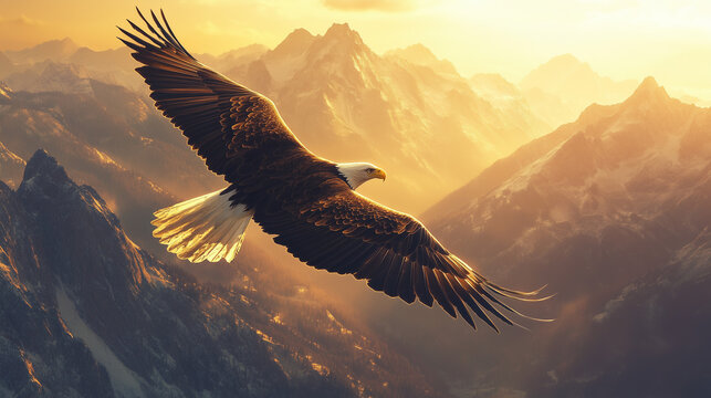 Wspaniały orzeł bielik w locie nad malowniczymi g&oacute;rami, uchwycony w momencie, gdy jego pi&oacute;ra lśnią w pierwszych promieniach wschodzącego słońca.