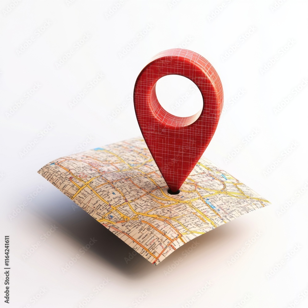 Aufkleber a red map marker stands prominently on a folded map, symbolizing location and navigation.