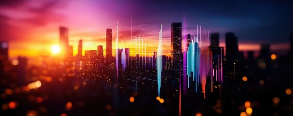 A vibrant city skyline at sunset, featuring colorful light beams and a dreamy atmosphere.