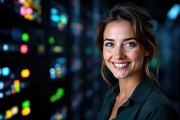 Close portrait of a smiling 40s Israeli female IT worker looking at the camera, against dark server room blurred background.