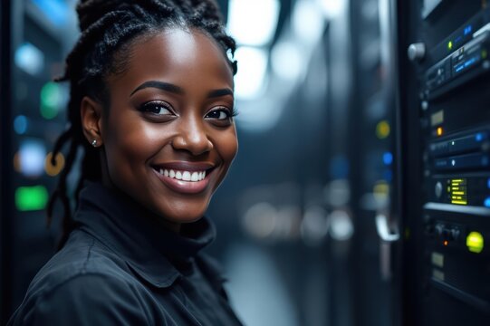 Close portrait of a smiling 40s Ivorian female IT worker looking at the camera, against dark server room blurred background.