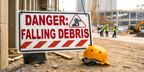 A caution sign warns of falling debris at a construction site, with a safety helmet in the foreground, highlighting workplace safety concerns.